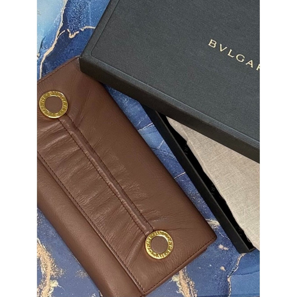 Authentic BVLGARI Brown Leather Continental Wallet & Serpenti Mirror Set + COA